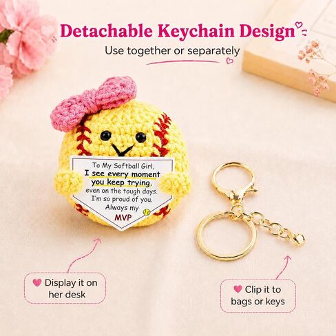 Softball Gift for Girls, Cute Crochet Softball Keychain with Pink Bow and Encouraging Message, Softball Accessories for Players, Gift for Daughters and Teammates in Saudi Arabia