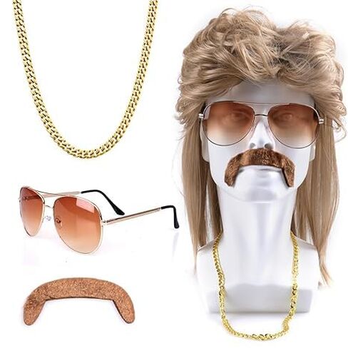Synthetic Fiber 80s Mullet Wig for Men with Rocker Accessories Sunglasses Necklace Moustache Halloween Costume 1980s 1990s Party in Saudi Arabia