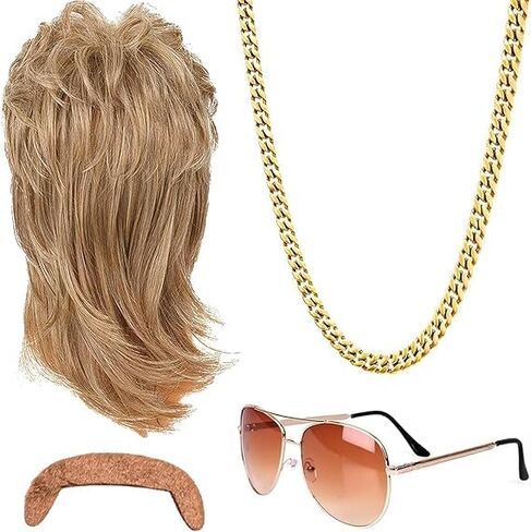 Synthetic Fiber 80s Mullet Wig for Men with Rocker Accessories Sunglasses Necklace Moustache Halloween Costume 1980s 1990s Party in Saudi Arabia