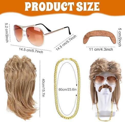 Synthetic Fiber 80s Mullet Wig for Men with Rocker Accessories Sunglasses Necklace Moustache Halloween Costume 1980s 1990s Party in Saudi Arabia