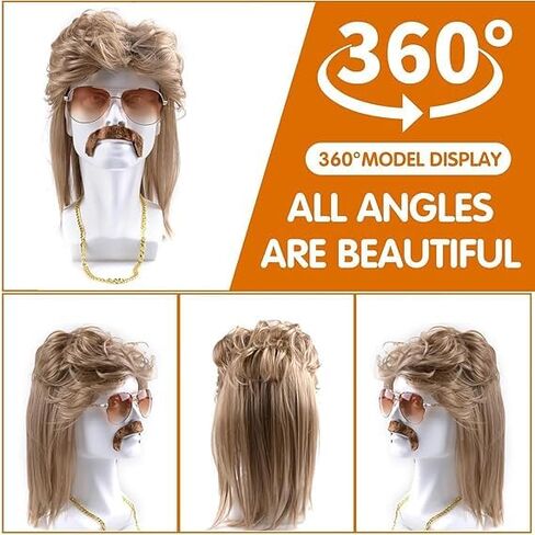 Synthetic Fiber 80s Mullet Wig for Men with Rocker Accessories Sunglasses Necklace Moustache Halloween Costume 1980s 1990s Party in Saudi Arabia