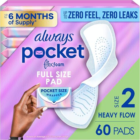Always Pocket Feminine Pads with FlexFoam, Size 2, Heavy Flow, with Wings, Unscented, 60 Count in Kuwait