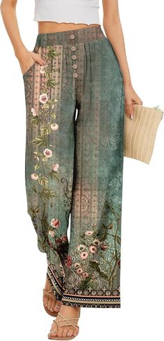 Palazzo Pants for Women Dressy High Waisted Wide Leg Summer Beach Vacation Flowy Pants Boho Lounge Casual Trousers in Kuwait