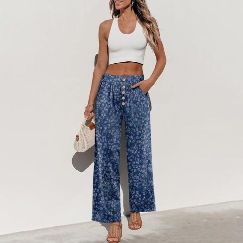 Palazzo Pants for Women Dressy High Waisted Wide Leg Summer Beach Vacation Flowy Pants Boho Lounge Casual Trousers in Kuwait