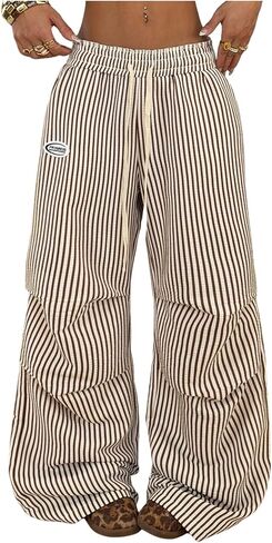 GORGLITTER Women's Plus Size Pants Striped Ruched Wide Leg Baggy Elastic Waist Track Pants with Pockets in Kuwait