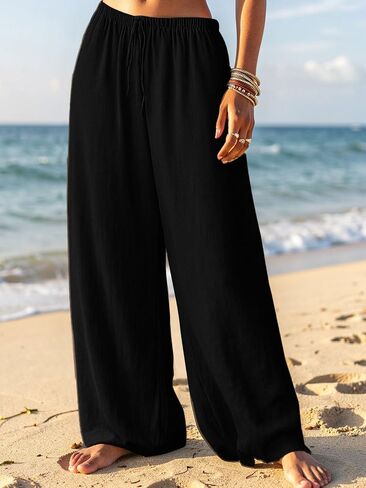 Women Casual Wide Leg Pants Drawstring High Waist Palazzo Lounge Trousers Daily Wear in Kuwait