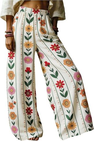 SOLY HUX Women's Boho Floral Wide Leg Pants Elastic High Waisted Baggy Palazzo Pants Vacation Trousers in Saudi Arabia