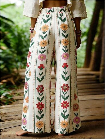 SOLY HUX Women's Boho Floral Wide Leg Pants Elastic High Waisted Baggy Palazzo Pants Vacation Trousers in Saudi Arabia