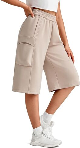 G4Free Smoofit Modal Soft Capri Pants for Women 13" Knee Length Wide Leg Cargo Sweatpants Travel Casual Bermuda Shorts in Kuwait
