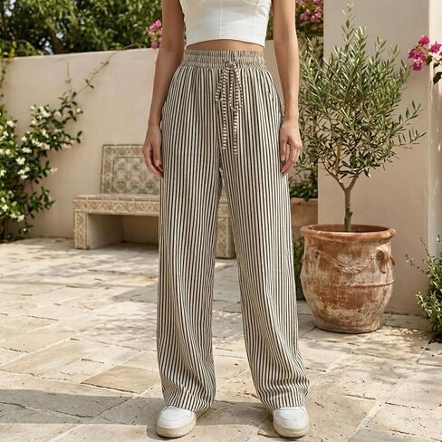 Women's Striped Wide Leg Pants High Waist Casual Loose Trousers with Pockets Summer Flowy Beach Pants Black S in Kuwait