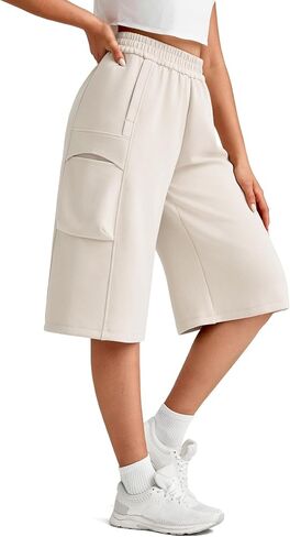 G4Free Smoofit Modal Soft Capri Pants for Women 13" Knee Length Wide Leg Cargo Sweatpants Travel Casual Bermuda Shorts in Kuwait
