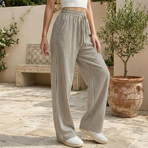 Women's Striped Wide Leg Pants High Waist Casual Loose Trousers with Pockets Summer Flowy Beach Pants Black S in Kuwait