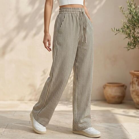 Women's Striped Wide Leg Pants High Waist Casual Loose Trousers with Pockets Summer Flowy Beach Pants Black S in Kuwait