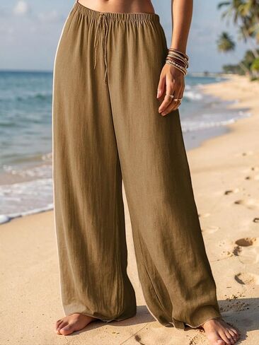 Women Casual Wide Leg Pants Drawstring High Waist Palazzo Lounge Trousers Daily Wear in Kuwait