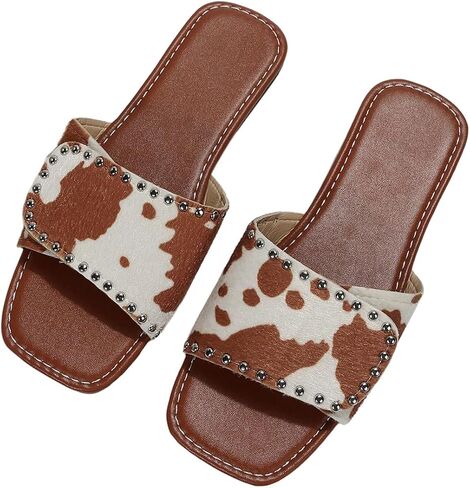 GORGLITTER Women's Cow Print Flat Sandals Studded Square Open Toe Slip On Party Vacation Dressy 2026 Slide Shoes in Kuwait