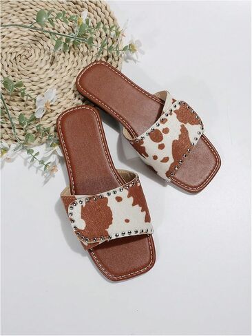 GORGLITTER Women's Cow Print Flat Sandals Studded Square Open Toe Slip On Party Vacation Dressy 2026 Slide Shoes in Kuwait
