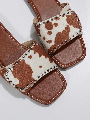 GORGLITTER Women's Cow Print Flat Sandals Studded Square Open Toe Slip On Party Vacation Dressy 2026 Slide Shoes in Kuwait
