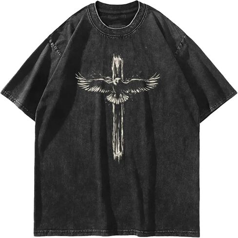 Men's Washed Cotton T-Shirt, Retro Acid Washed T-Shirt, Loose-Fitting Top with Christian Cross and Angel Pattern in Saudi Arabia