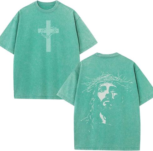 Vintage Christian Streetwear T-Shirt, Jesus Portrait Graphic, Heavyweight Acid Washed Oversized Tee in Saudi Arabia