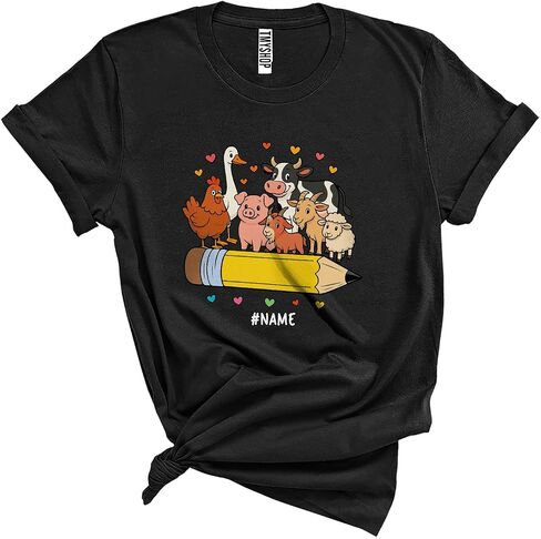 Personalized Farm Animal Group Collection On Pencil; Lovely Back to School Custom Name Student Teacher Unisex T-Shirt Black in Saudi Arabia