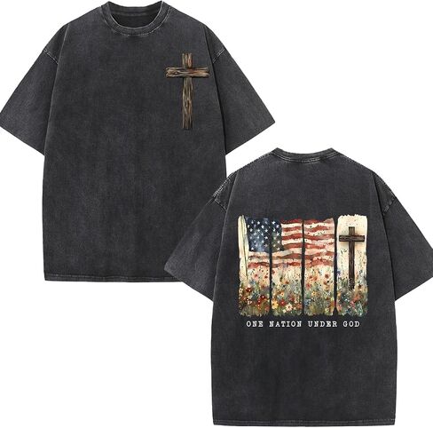 Vintage Oversized T-Shirt Patriotic American Flag Christian Cross Graphic Tee 250th Anniversary Washed Heavy Cotton in Saudi Arabia