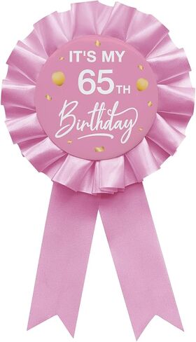 Pink It's My 65th Birthday Tinplate Badge Pin Pink Satin Fabric 65 Year Old Birthday Themed Button Pin Party Decorations Award Ribbon Badge YHEZXUN in Saudi Arabia