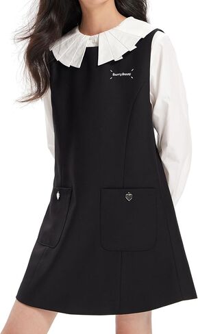 Girls Black Jumper Sleeveless A-Line Dress with Heart Pockets & Embroidered for Teens Sizes 6-16Y in Saudi Arabia