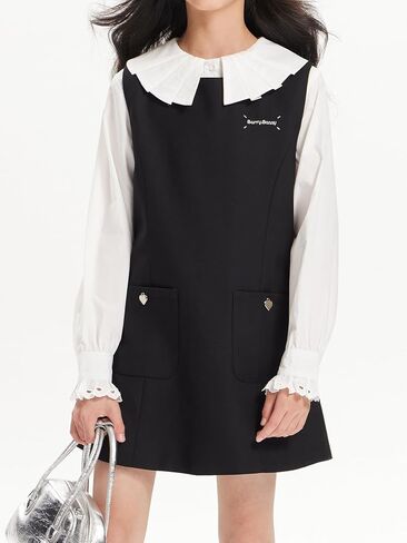 Girls Black Jumper Sleeveless A-Line Dress with Heart Pockets & Embroidered for Teens Sizes 6-16Y in Saudi Arabia
