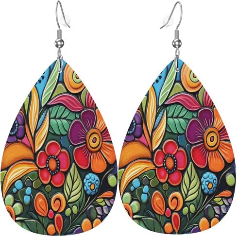 Boho Colorful Flowers Leather Earrings for Women Teardrop Earrings Lightweight Drop Dangle Earring Fashion Jewelry Birthday Gift for Her in Kuwait