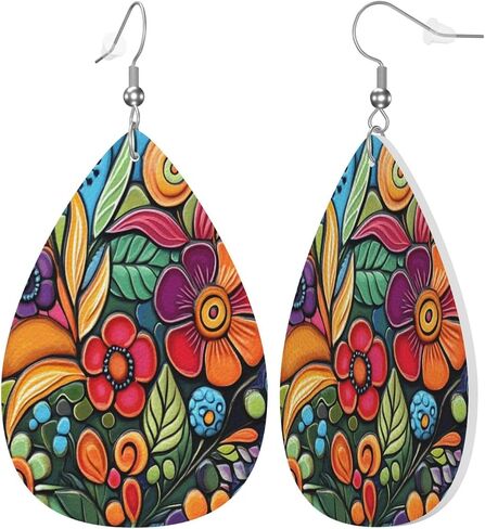 Boho Colorful Flowers Leather Earrings for Women Teardrop Earrings Lightweight Drop Dangle Earring Fashion Jewelry Birthday Gift for Her in Kuwait
