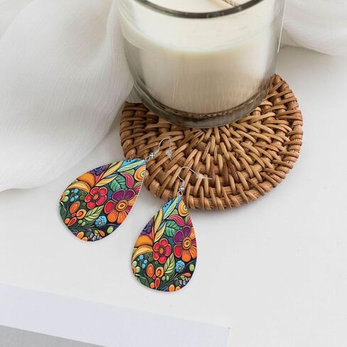 Boho Colorful Flowers Leather Earrings for Women Teardrop Earrings Lightweight Drop Dangle Earring Fashion Jewelry Birthday Gift for Her in Kuwait