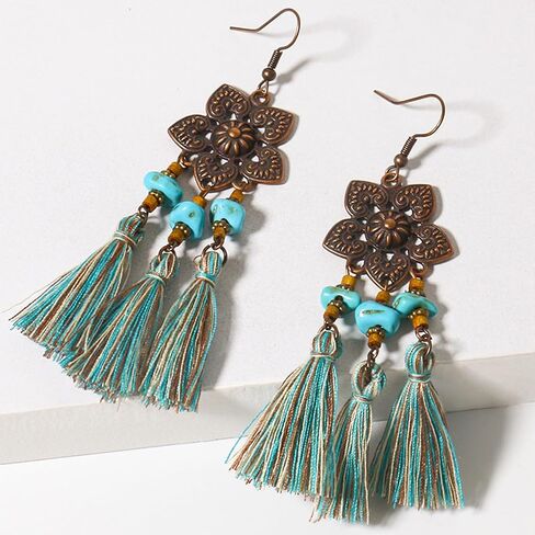 Bohemian Turquoise Earrings for Women Vintage Boho Dangle Earrings with Mandala Tassel Teardrop Hoop Designs in Saudi Arabia
