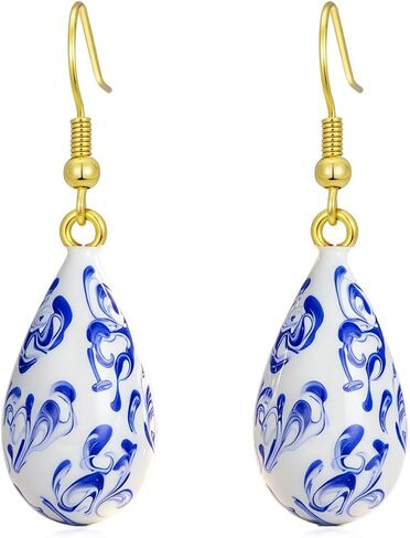 Blue White Porcelain Earrings 18K Gold Plated Ceramic Earring Chinese Vintage Hand-painted Flower Pattern Ceramic Unique Design Drop Earring Chinese Jewelry for Mother in Saudi Arabia