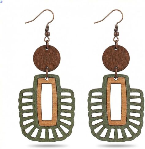 Green Wooden Earrings for Women, Lightweight Bohemian Drop Dangle Earrings, Natural Wood Ethnic Statement Jewelry Gift for Teacher Mom in Saudi Arabia