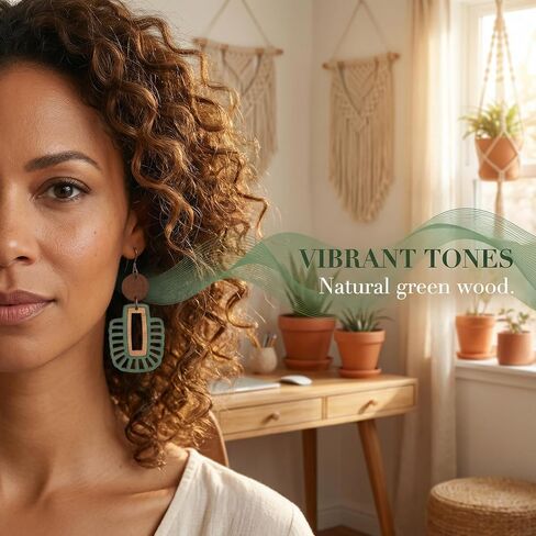 Green Wooden Earrings for Women, Lightweight Bohemian Drop Dangle Earrings, Natural Wood Ethnic Statement Jewelry Gift for Teacher Mom in Saudi Arabia