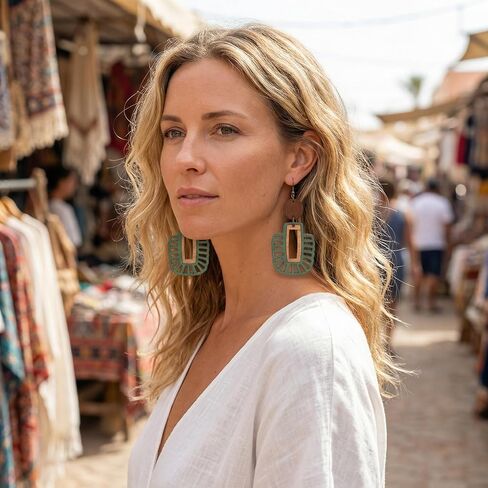 Green Wooden Earrings for Women, Lightweight Bohemian Drop Dangle Earrings, Natural Wood Ethnic Statement Jewelry Gift for Teacher Mom in Saudi Arabia