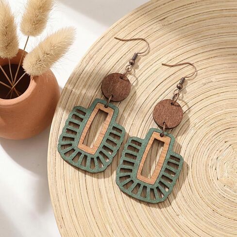 Green Wooden Earrings for Women, Lightweight Bohemian Drop Dangle Earrings, Natural Wood Ethnic Statement Jewelry Gift for Teacher Mom in Saudi Arabia
