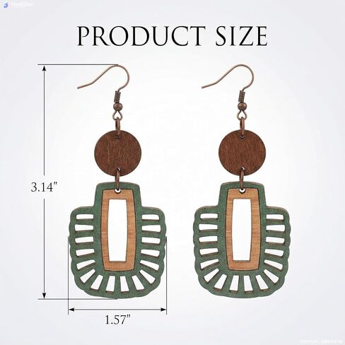 Green Wooden Earrings for Women, Lightweight Bohemian Drop Dangle Earrings, Natural Wood Ethnic Statement Jewelry Gift for Teacher Mom in Saudi Arabia