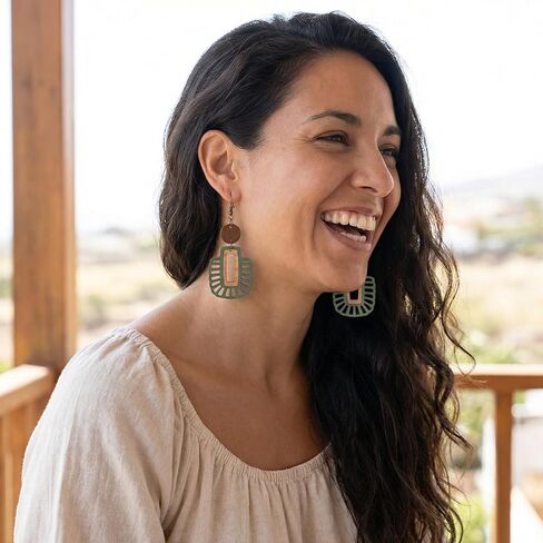 Green Wooden Earrings for Women, Lightweight Bohemian Drop Dangle Earrings, Natural Wood Ethnic Statement Jewelry Gift for Teacher Mom in Saudi Arabia