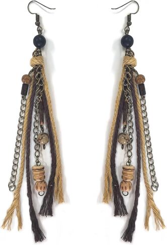 Hippie Renaissance Earrings West Rustic Vintage Country Long Tassel Wood Jewelery for Women in Kuwait