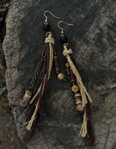 Hippie Renaissance Earrings West Rustic Vintage Country Long Tassel Wood Jewelery for Women in Kuwait
