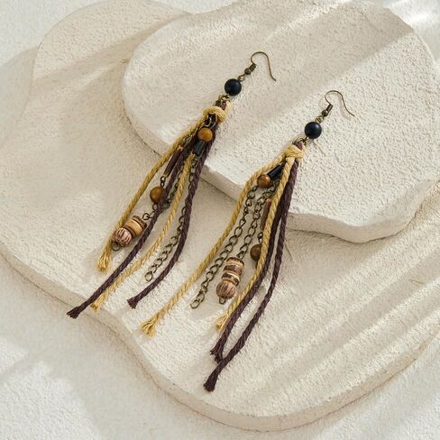 Hippie Renaissance Earrings West Rustic Vintage Country Long Tassel Wood Jewelery for Women in Kuwait