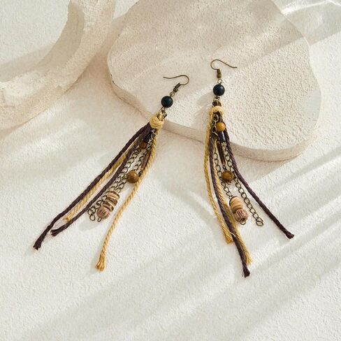Hippie Renaissance Earrings West Rustic Vintage Country Long Tassel Wood Jewelery for Women in Kuwait