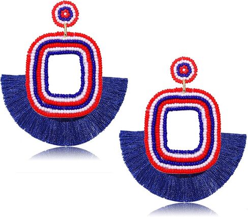 July 4th Earrings for Women Handmade Beaded Fan Tassel Earrings Red White Blue Drop Dangle Earrings for Independent Day Patriotic Jewelry Gift in Kuwait