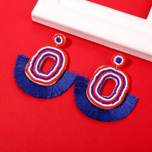 July 4th Earrings for Women Handmade Beaded Fan Tassel Earrings Red White Blue Drop Dangle Earrings for Independent Day Patriotic Jewelry Gift in Kuwait