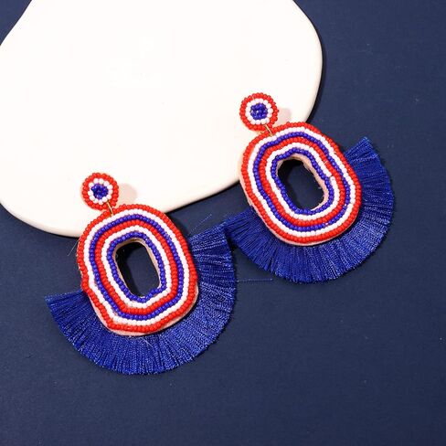 July 4th Earrings for Women Handmade Beaded Fan Tassel Earrings Red White Blue Drop Dangle Earrings for Independent Day Patriotic Jewelry Gift in Kuwait