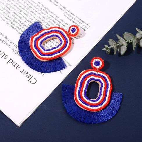 July 4th Earrings for Women Handmade Beaded Fan Tassel Earrings Red White Blue Drop Dangle Earrings for Independent Day Patriotic Jewelry Gift in Kuwait