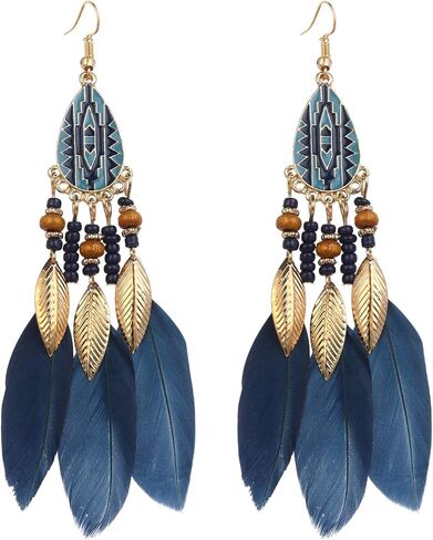Dreuyet Boho Long Feather Drop Dangle Earrings for Women Retro Bohemian Ethnic Fringe Multicolor Tassel Feather Earring Handmade Statement Dream Catcher Earrings Jewelry in Kuwait