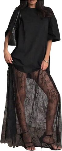 MakeMeChic Women's Lace T Shirt Dress Half Sleeve Loose Evening Party Maxi Dresses in Kuwait