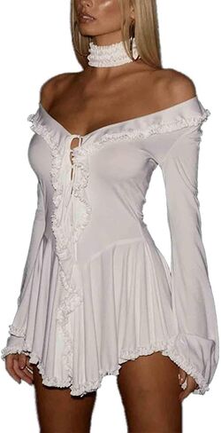 PDLCVD Women Ruffle Lace Up Mini Dress Sexy Off Shoulder V Neck Long Sleeve Flowy Bodycon Clubwear Party Short Dresses in Saudi Arabia